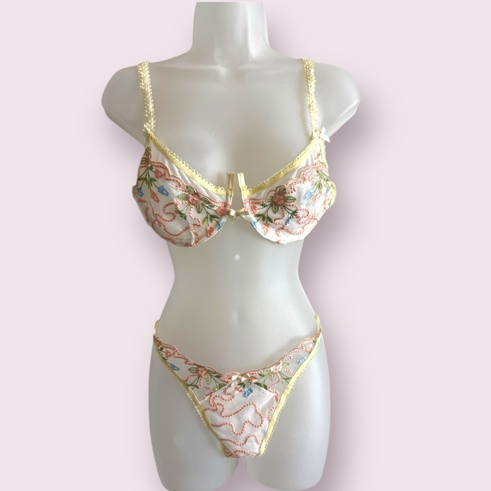 Floral Embroidered Lingerie Set Sheer Underwire Bra Thong Size L
